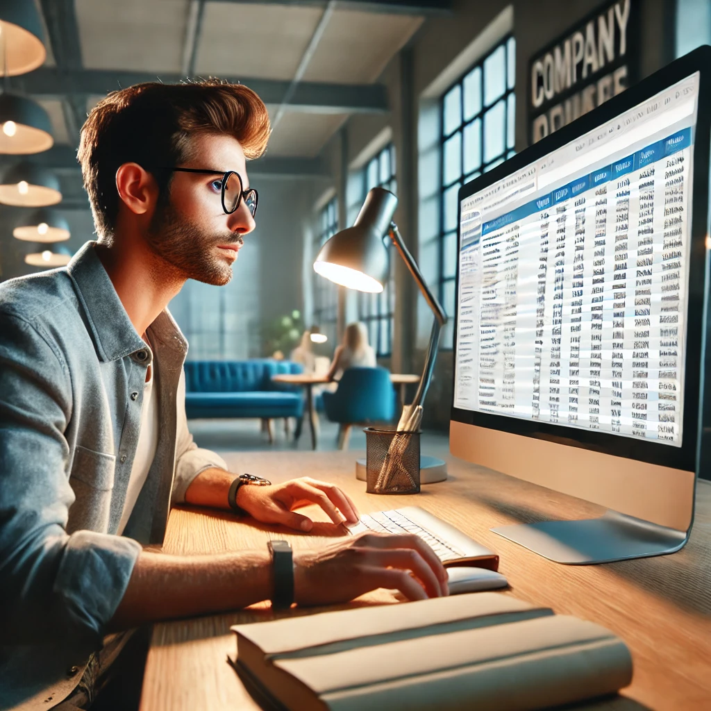 A modern office setting with a marketing professional sitting at a desk focused on a large computer screen. The screen displays a detailed spreadsheet.