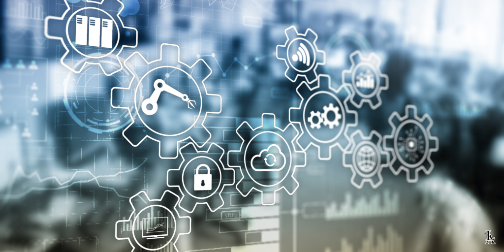 Abstract digital gears representing interconnected business processes.