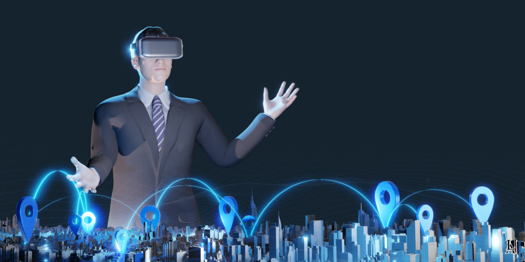 A businessman wearing a virtual reality headset interacting with a futuristic digital interface.
