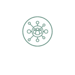 Icon of interconnected nodes with a group of people in the center, symbolizing collaborative business solutions.