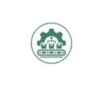 Icon of a conveyor belt with packages and a gear, symbolizing manufacturing and production.